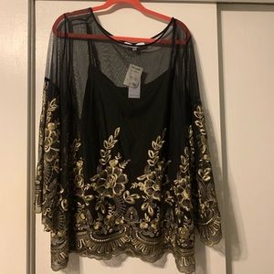 Fever blouse sheer overtop wth gold designs tank